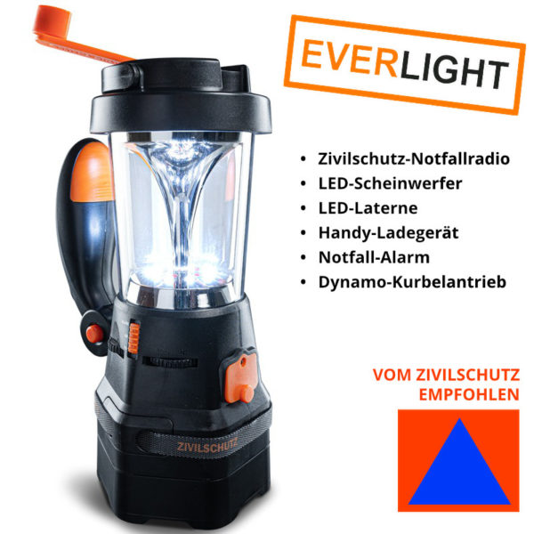 Zivilschutz- Kurbellaterne mit Scheinwerfer, Radio und Handyladefunktion